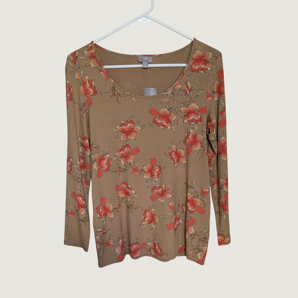 NWT J. Jill Wearever Floral Scoop Neck Long Sleeve Top Tan Orange Small Petite